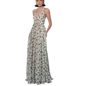 Jenny Yoo Robin Dress Loden Multi Green Floral Chiffon Halter Bridesmaid 10